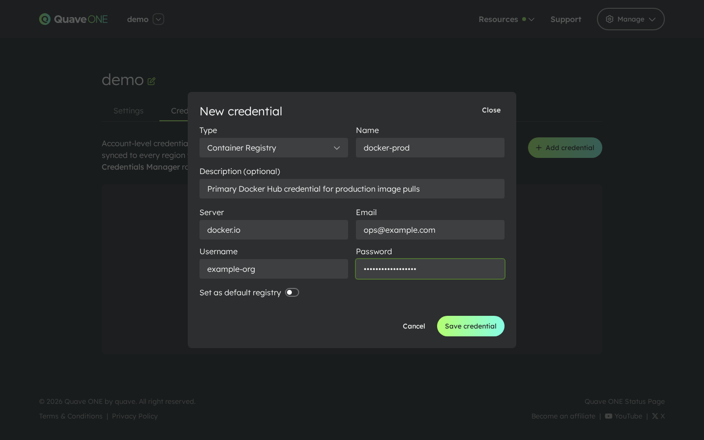 Add credential — Container Registry form filled