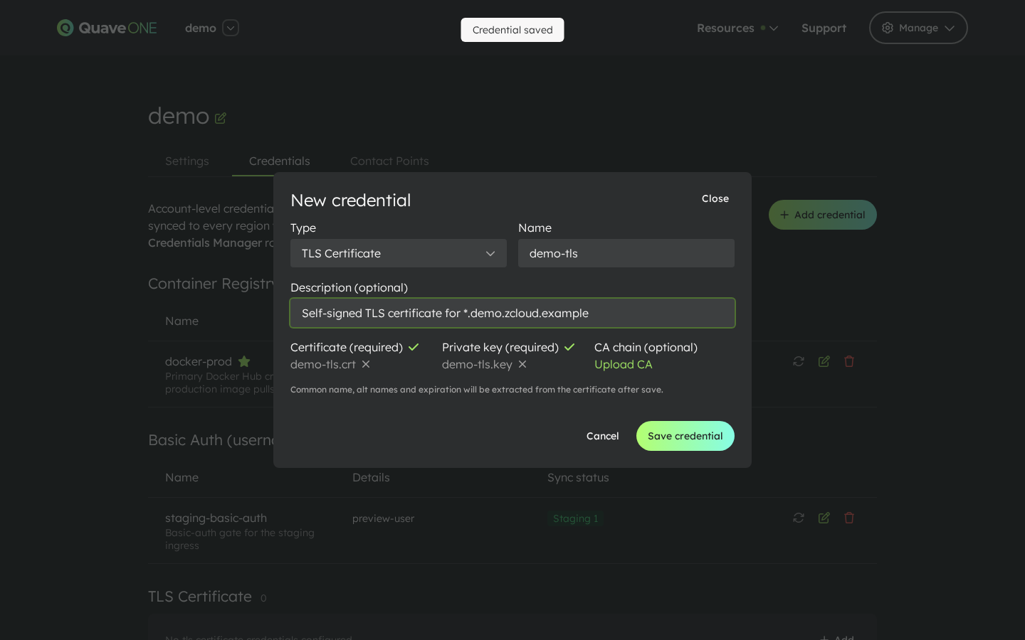 Add credential — TLS Certificate form with files attached