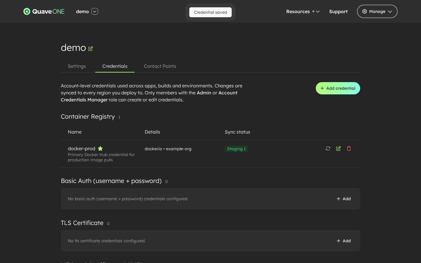Credentials list — registry saved